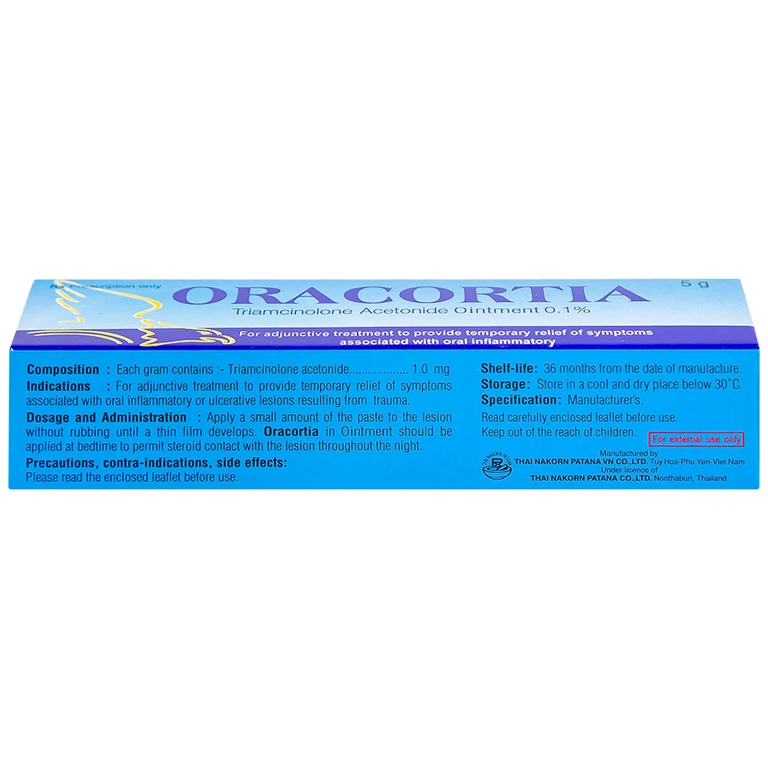 Thuốc mỡ Oracortia 0,1% Thai Nakorn Patana giảm triệu chứng viêm nhiễm khoang miệng, loét do chấn thương (5g)
