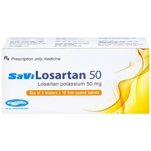 Thuốc Savi Losartan 50 điều trị tăng huyết áp nguyên phát (3 vỉ x 10 viên)