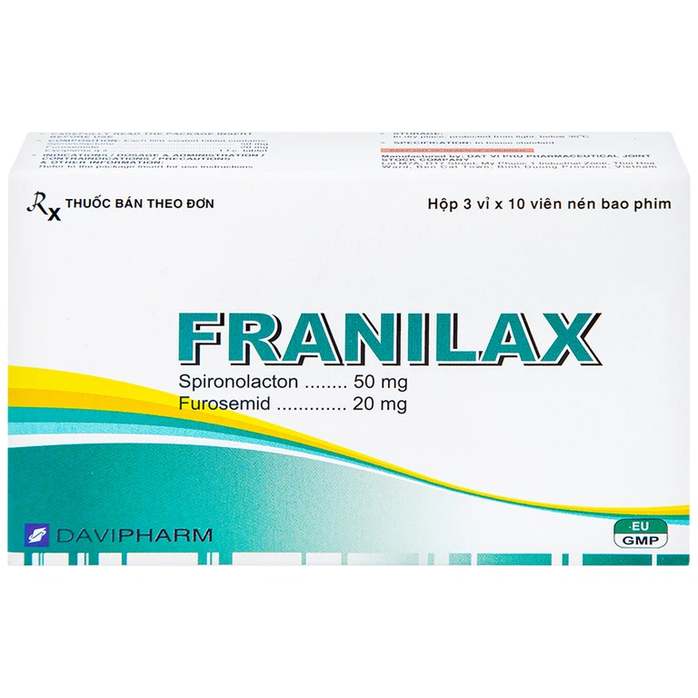 Thuốc Franilax 50mg/20mg Davipharm ngăn chặn sự tích tụ nước trong cơ thể (3 vỉ x 10 viên)