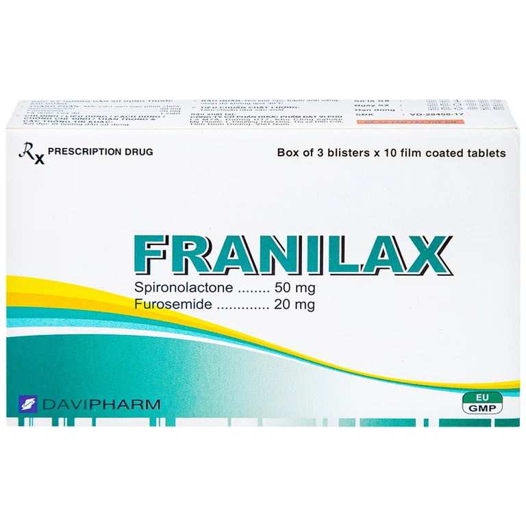 Thuốc Franilax 50mg/20mg Davipharm ngăn chặn sự tích tụ nước trong cơ thể (3 vỉ x 10 viên)