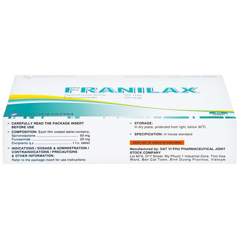 Thuốc Franilax 50mg/20mg Davipharm ngăn chặn sự tích tụ nước trong cơ thể (3 vỉ x 10 viên)