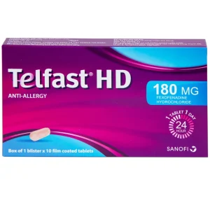Thuốc Telfast HD 180mg Sanofi điều trị viêm mũi dị ứng, mày đay (1 vỉ x 10 viên)