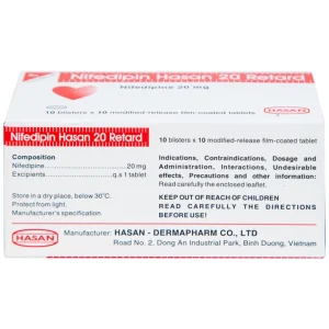 Viên nén Nifedipin Hasan 20 Retard Hasan điều trị tăng huyết áp (10 vỉ x 10 viên)