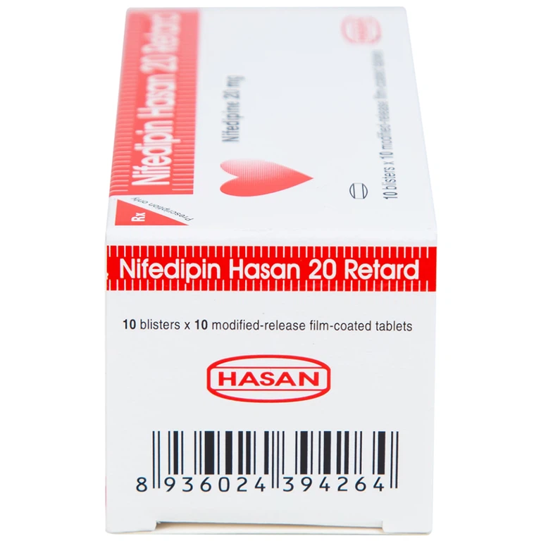 Viên nén Nifedipin Hasan 20 Retard Hasan điều trị tăng huyết áp (10 vỉ x 10 viên)