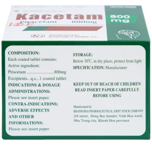 Viên nén Kacetam 800mg Khapharco điều trị rung giật cơ có nguồn gốc vỏ não, thiếu máu não (10 vỉ x 10 viên)