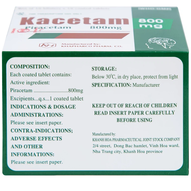 Viên nén Kacetam 800mg Khapharco điều trị rung giật cơ có nguồn gốc vỏ não, thiếu máu não (10 vỉ x 10 viên)
