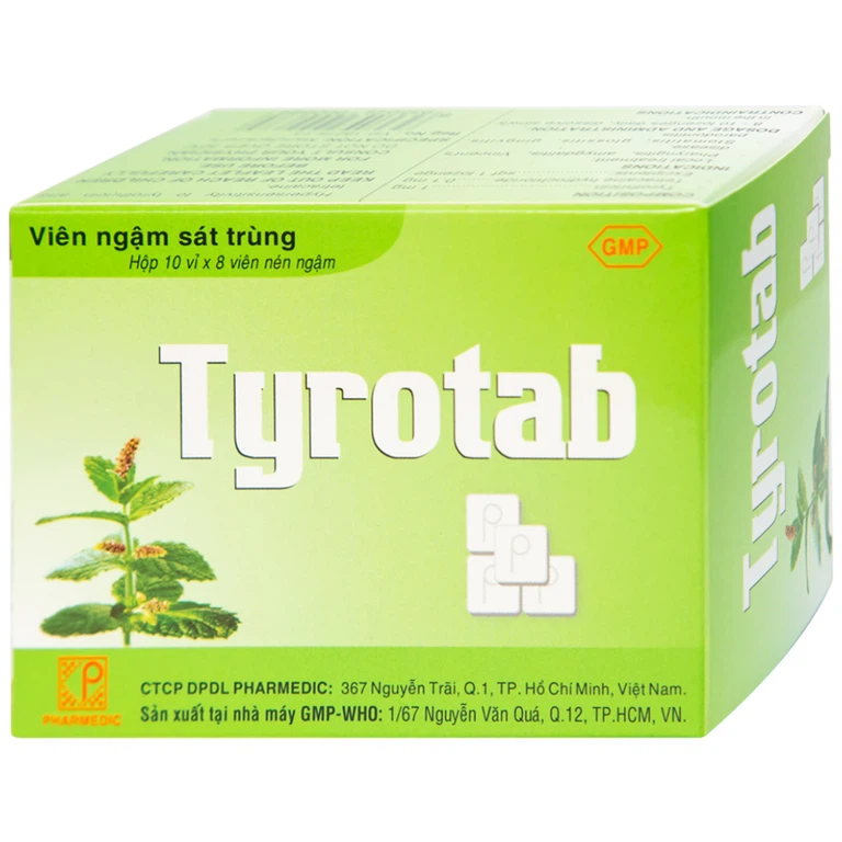Viên ngậm sát trùng Tyrotab Pharmedic điều trị viêm họng, viêm amidan (10 vỉ x 8 viên)