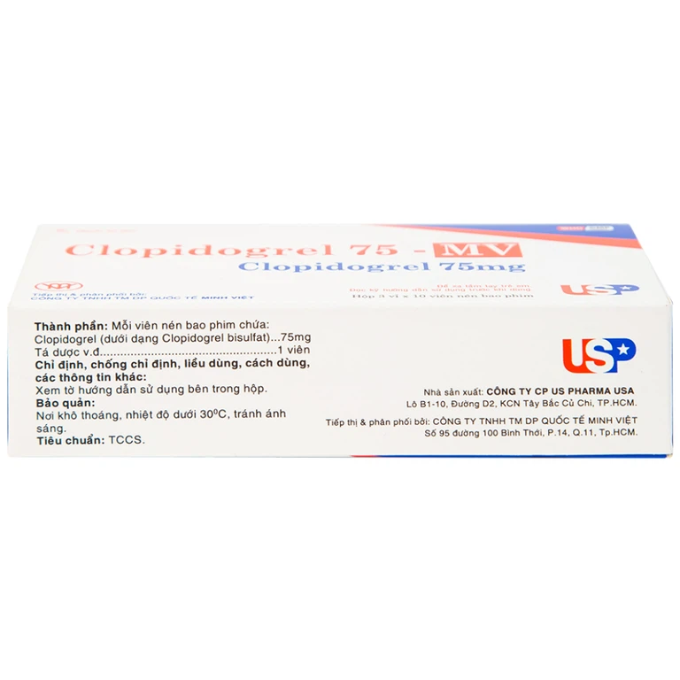 Thuốc Clopidogrel 75 - MV USP làm giảm hay dự phòng các biến cố huyết khối (3 vỉ x 10 viên)