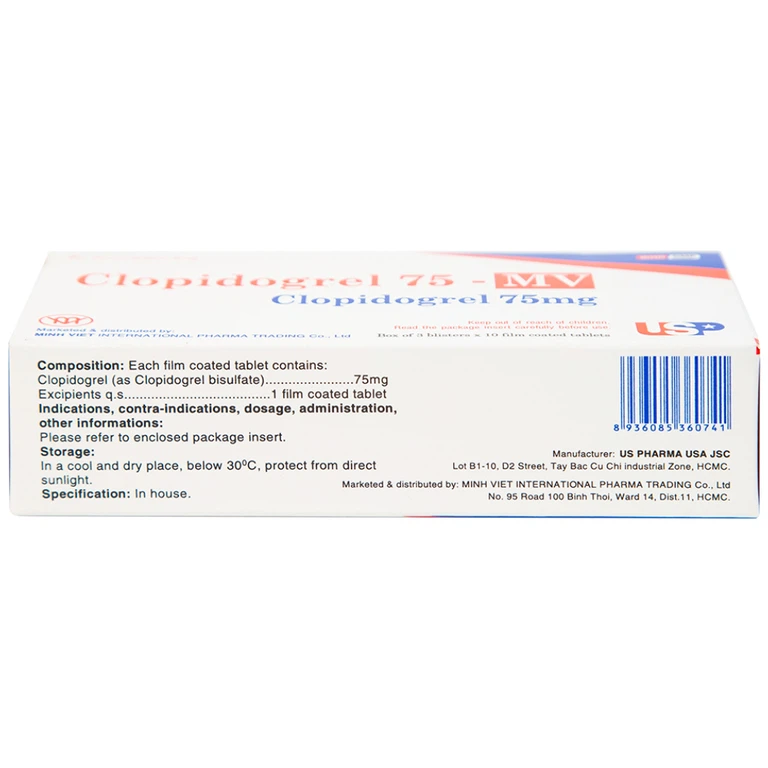 Thuốc Clopidogrel 75 - MV USP làm giảm hay dự phòng các biến cố huyết khối (3 vỉ x 10 viên)