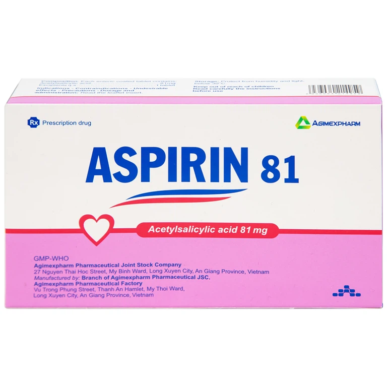 Thuốc Aspirin 81 Agimexpharm phòng ngừa nhồi máu cơ tim, đột quỵ (20 vỉ x 10 viên)