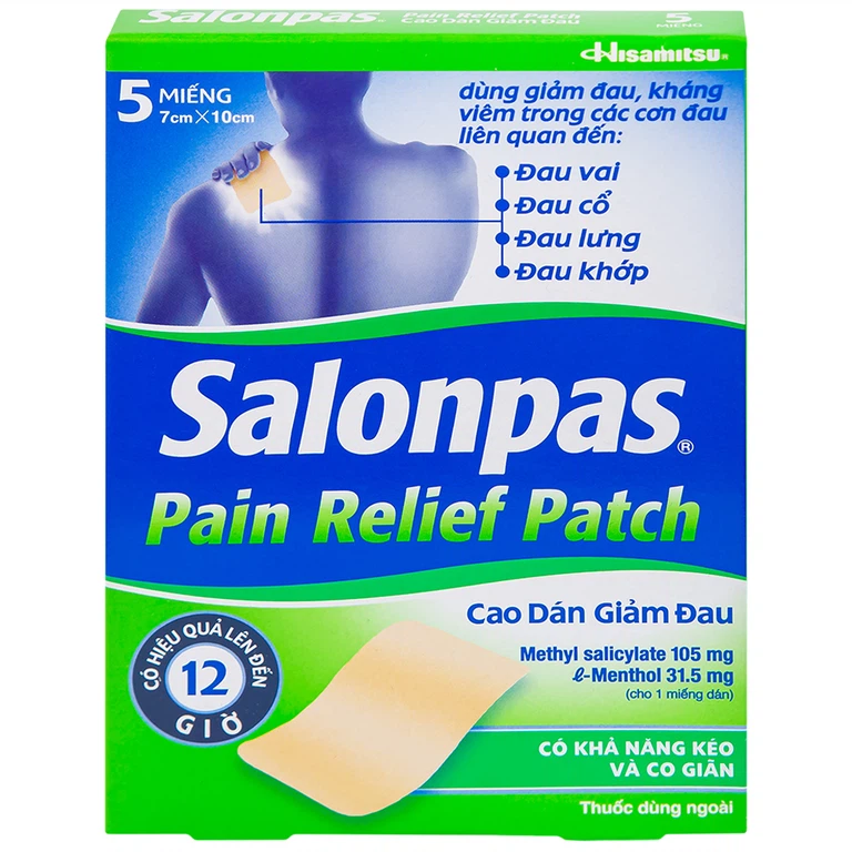 Cao dán giảm đau Salonpas Pain Relief Patch dùng trong các cơn đau vai, đau cổ (7cm x 10 cm - 5 miếng)