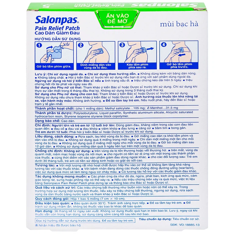 Cao dán giảm đau Salonpas Pain Relief Patch dùng trong các cơn đau vai, đau cổ (7cm x 10 cm - 5 miếng)