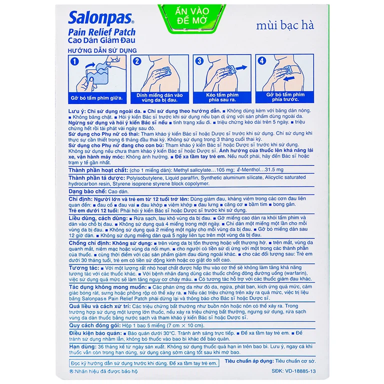 Cao dán giảm đau Salonpas Pain Relief Patch dùng trong các cơn đau vai, đau cổ (7cm x 10 cm - 5 miếng)