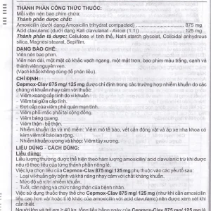 Thuốc Cepmox-Clav 875mg/125mg Imexpharm điều trị viêm xoang cấp tính do vi khuẩn, viêm tai giữa cấp tính (2 vỉ x 7 viên)
