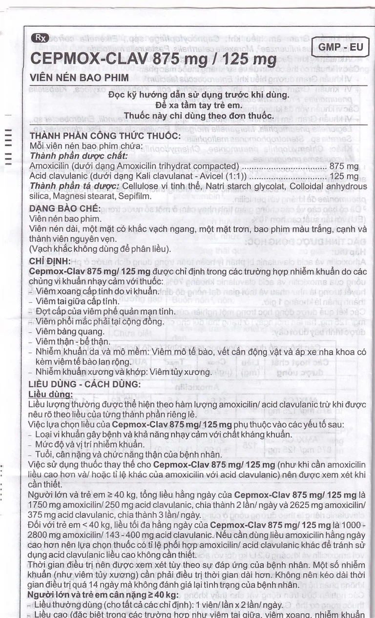 Thuốc Cepmox-Clav 875mg/125mg Imexpharm điều trị viêm xoang cấp tính do vi khuẩn, viêm tai giữa cấp tính (2 vỉ x 7 viên)