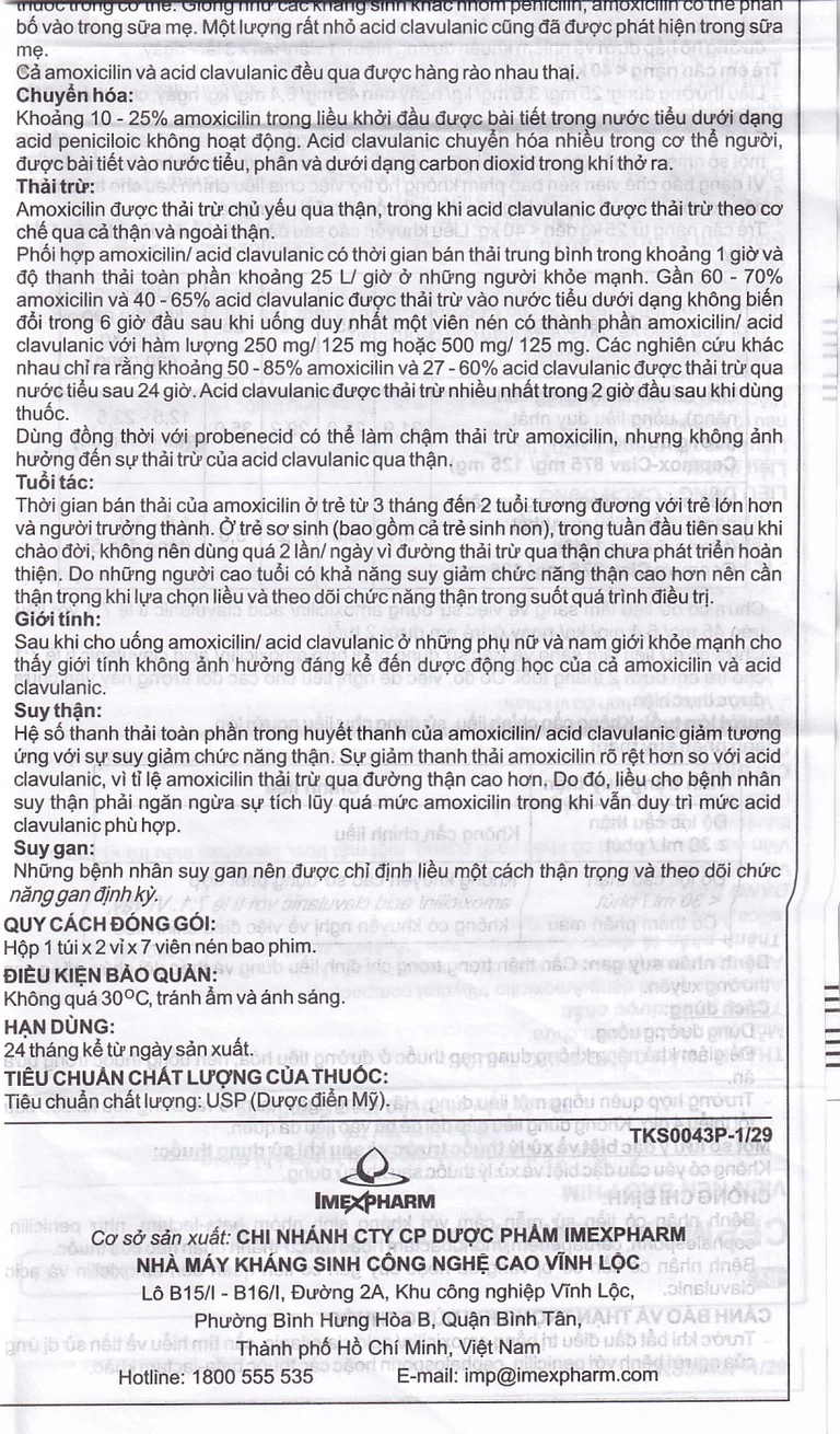 Thuốc Cepmox-Clav 875mg/125mg Imexpharm điều trị viêm xoang cấp tính do vi khuẩn, viêm tai giữa cấp tính (2 vỉ x 7 viên)