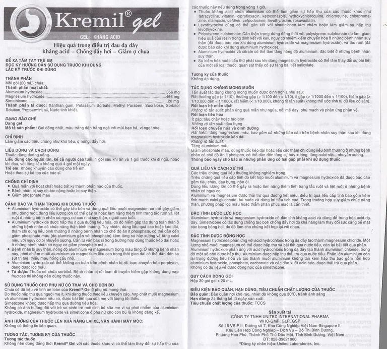 Dung dịch Kremil Gel United Pharma giảm loét dạ dày - tá tràng, viêm thực quản (30 gói x 20ml)