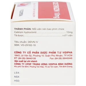 Thuốc Cetirizin 10mg Vidipha điều trị triệu chứng viêm mũi dị ứng, mày đay (10 vỉ x 10 viên)