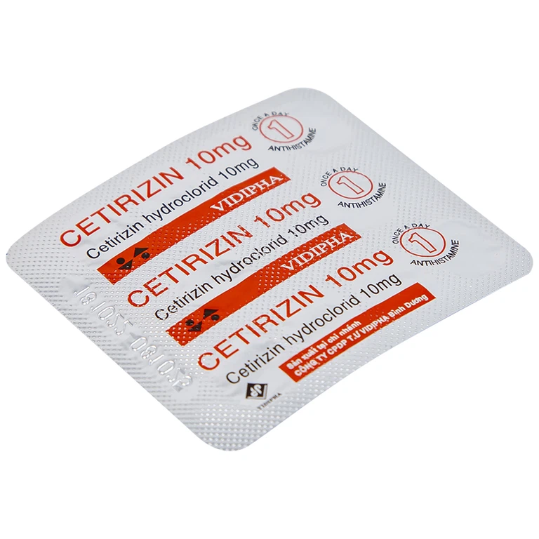 Thuốc Cetirizin 10mg Vidipha điều trị triệu chứng viêm mũi dị ứng, mày đay (10 vỉ x 10 viên)