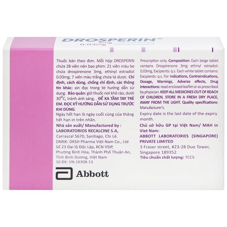 Thuốc tránh thai hằng ngày Drosperin Abbott (1 vỉ x 28 viên)