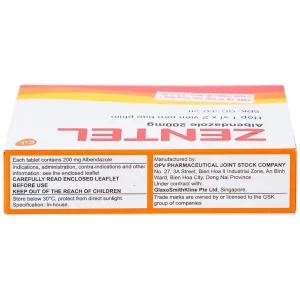 Thuốc Zentel Albendazole 200mg GSK điều trị các loại giun đường ruột nhạy cảm (1 vỉ x 2 viên)