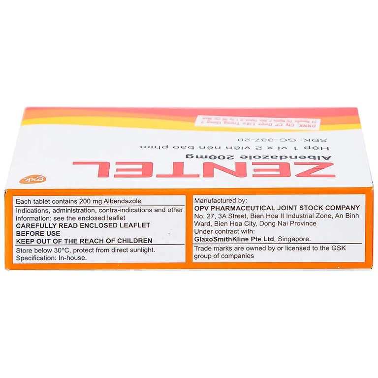 Thuốc Zentel Albendazole 200mg GSK điều trị các loại giun đường ruột nhạy cảm (1 vỉ x 2 viên)