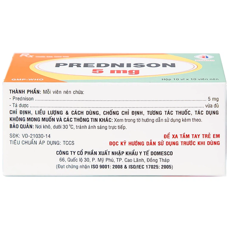 Thuốc Prednison 5mg Domesco điều trị viêm khớp dạng thấp (10 vỉ x 10 viên)