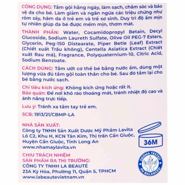 Sữa tắm gội Baby Gentle Wash La Beauty giảm và ngăn ngừa rôm sảy, hăm da ở trẻ (250ml)