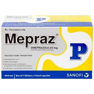 Viên nang cứng Mepraz 20mg Sanofi điều trị loét dạ dày tá tràng, viêm thực quản trào ngược (7 vỉ x 4 viên)