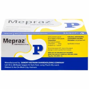 Viên nang cứng Mepraz 20mg Sanofi điều trị loét dạ dày tá tràng, viêm thực quản trào ngược (7 vỉ x 4 viên)
