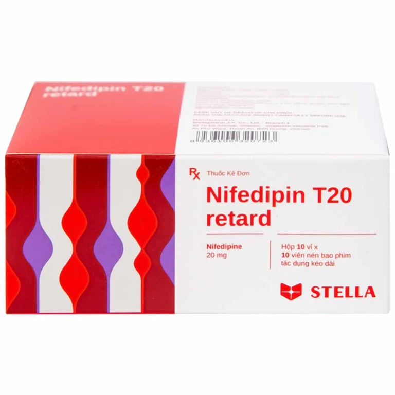 Viên nén Nifedipin T20 retard Stella dự phòng đau thắt ngực, điều trị tăng huyết áp (10 vỉ x 10 viên)