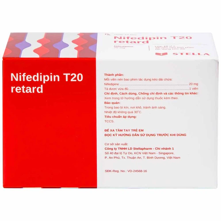 Viên nén Nifedipin T20 retard Stella dự phòng đau thắt ngực, điều trị tăng huyết áp (10 vỉ x 10 viên)