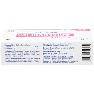 Thuốc mỡ bôi da Agiclovir 5% Agimexpharm điều trị nhiễm Herpes simplex, Herpes zoster, Herpes sinh dục (5g)