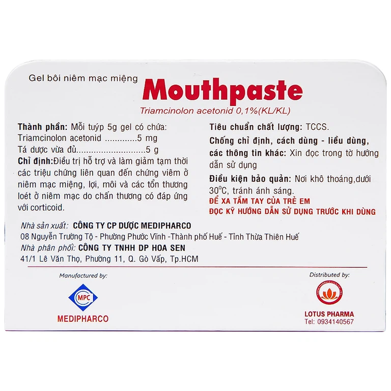 Gel bôi niêm mạc miệng Mouthpaste Medipharco giảm viêm, tổn thương (5g)