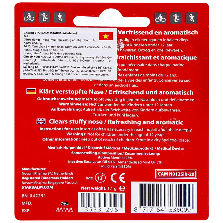 Chai hít Starbalm Sports Inhaler Novum thông mũi