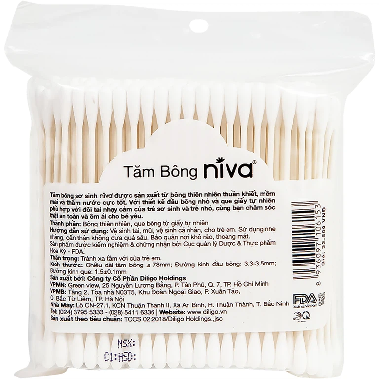 Tăm bông thân giấy Niva Baby BZP1 2 đầu tròn túi Zip vệ sinh tai, mũi, vệ sinh cá nhân cho trẻ em (200 que)