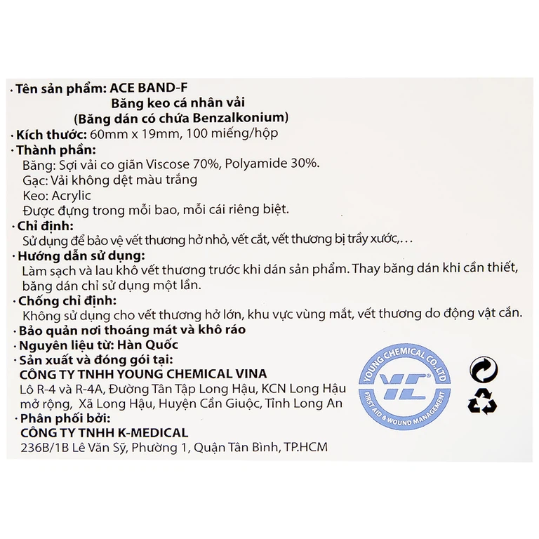 Băng keo cá nhân vải Elastic Fabric Ace Band-F 60mm x 19mm Young Chemical bảo vệ vết thương (100 miếng)