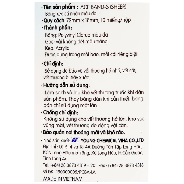 Băng keo cá nhân màu da Ace Band-S (Sheer) 72mm x 18mm Young Chemical bảo vệ vết thương hở (10 miếng)