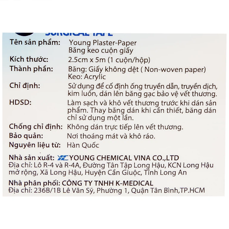 Băng keo cuộn giấy Young Plaster-Paper 2.5cm x 5m Young Chemical cố định ống truyền dẫn, dán lên gạc cố định vết thương (1 cuộn)