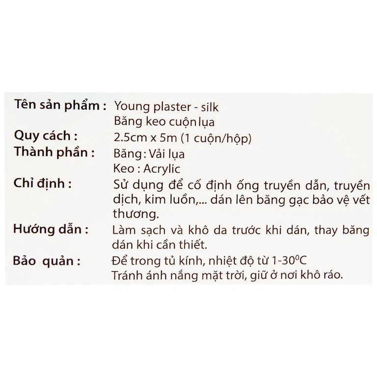 Băng keo cuộn lụa Young Plaster-Silk 2.5cm x 5m Young Chemical cố định ống truyền dẫn, dán lên gạc cố định vết thương (1 cuộn)