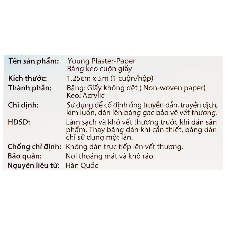 Băng keo cuộn giấy Young Plaster-Paper 1.25cm x 5m Young Chemical cố định ống truyền dẫn, dán lên gạc cố định vết thương (1 cuộn)