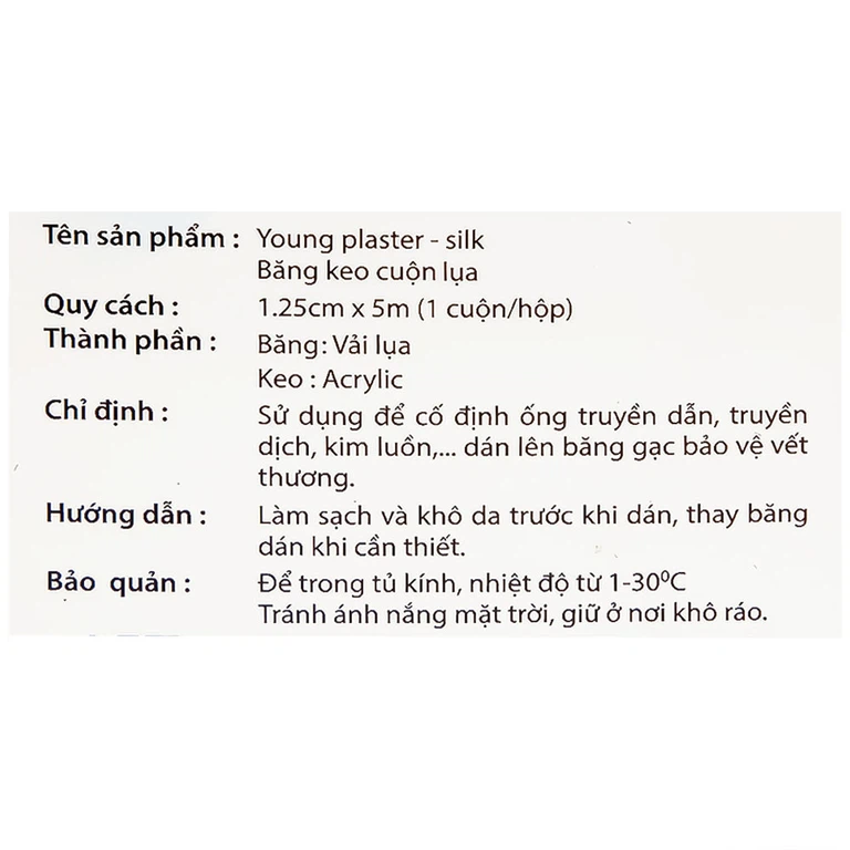 Băng keo cuộn lụa Young Plaster-Silk 1.25cm x 5m Young Chemical cố định ống truyền dẫn, dán lên gạc cố định vết thương (1 cuộn)