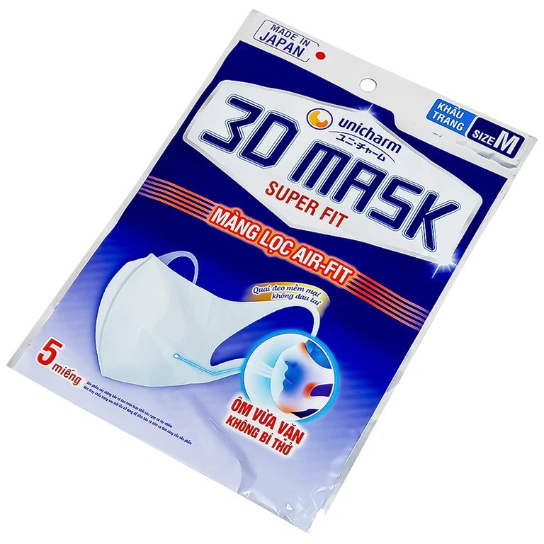 Khẩu trang Unicharm 3D Mask Super Fit size M hỗ trợ ngăn khói, bụi, kháng khuẩn (5 cái)