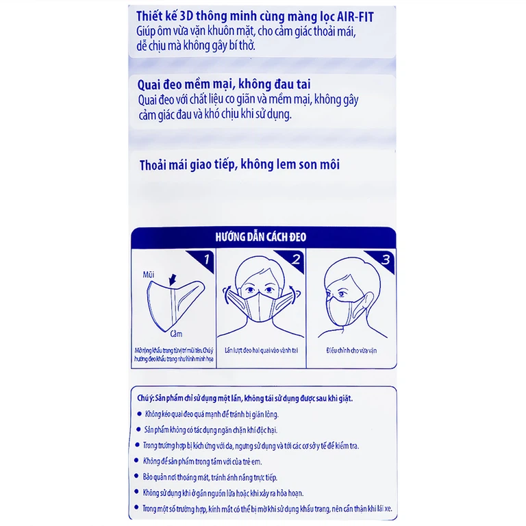Khẩu trang Unicharm 3D Mask Super Fit size M hỗ trợ ngăn khói, bụi, kháng khuẩn (5 cái)