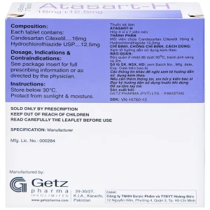 Thuốc Atasart-H 16mg/12.5mg Getz điều trị tăng huyết áp (4 vỉ x 7 viên)