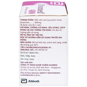 Thuốc Ibumed 400 Glomed giảm đau do cảm cúm, cảm lạnh, viêm khớp dạng thấp (10 vỉ x 10 viên)