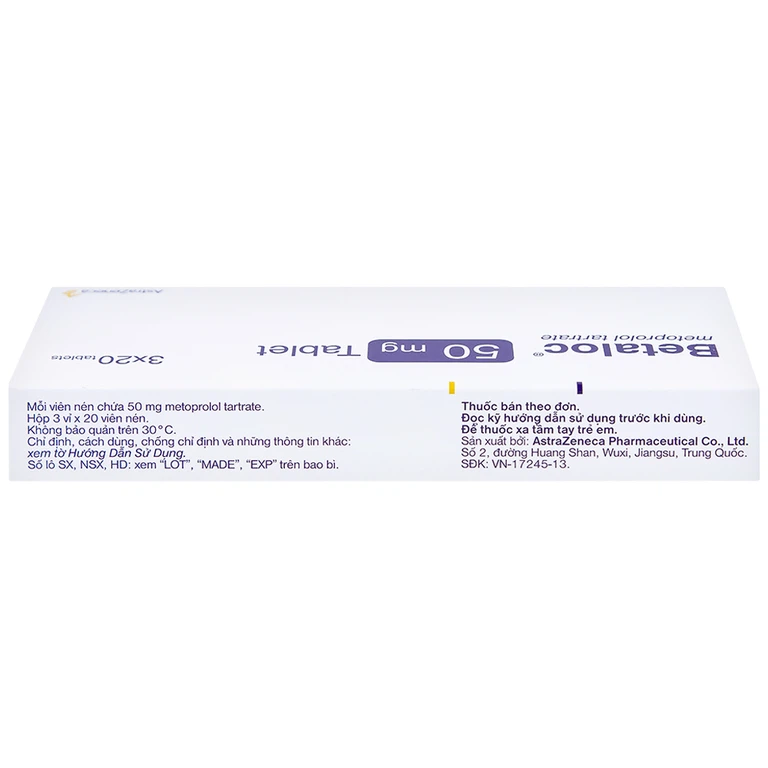Thuốc Betaloc 50mg AstraZeneca điều trị tăng huyết áp, dự phòng đau thắt ngực (3 vỉ x 20 viên)
