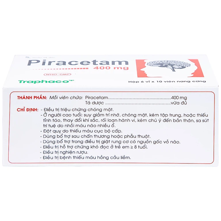 Viên nang cứng Piracetam 400mg Traphaco điều trị triệu chứng chóng mặt, suy giảm trí nhớ (6 vỉ x 10 viên)
