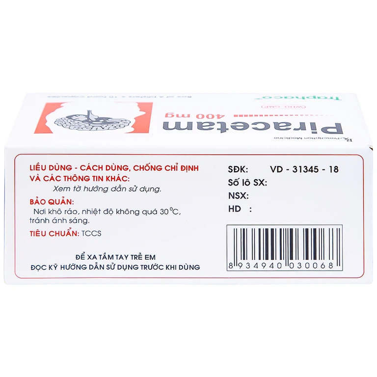 Viên nang cứng Piracetam 400mg Traphaco điều trị triệu chứng chóng mặt, suy giảm trí nhớ (6 vỉ x 10 viên)