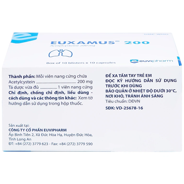 Thuốc Euxamus 200mg Euvipharm tiêu chất nhầy trong bệnh nhầy nhớt (10 vỉ x 10 viên)
